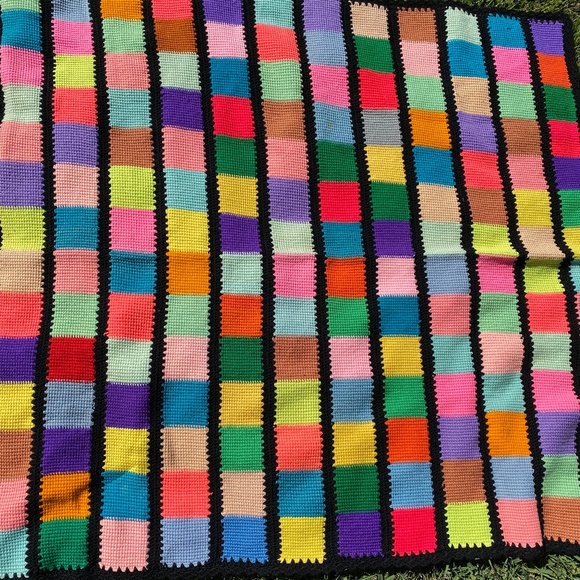 VTG Afghan Crocheted Granny Square Multi-Color
